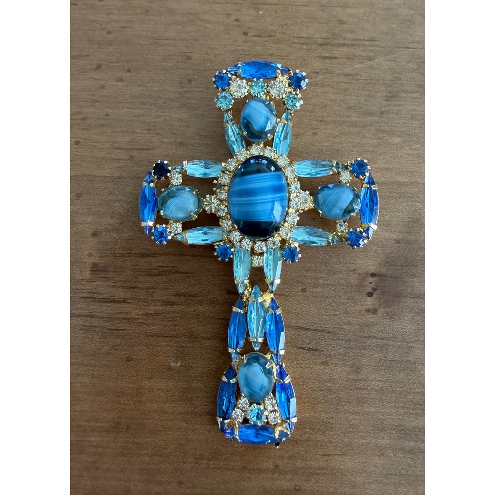 Vintage DeLizza & Elster Blue Rhinestone & Glass Cross Brooch Pendant